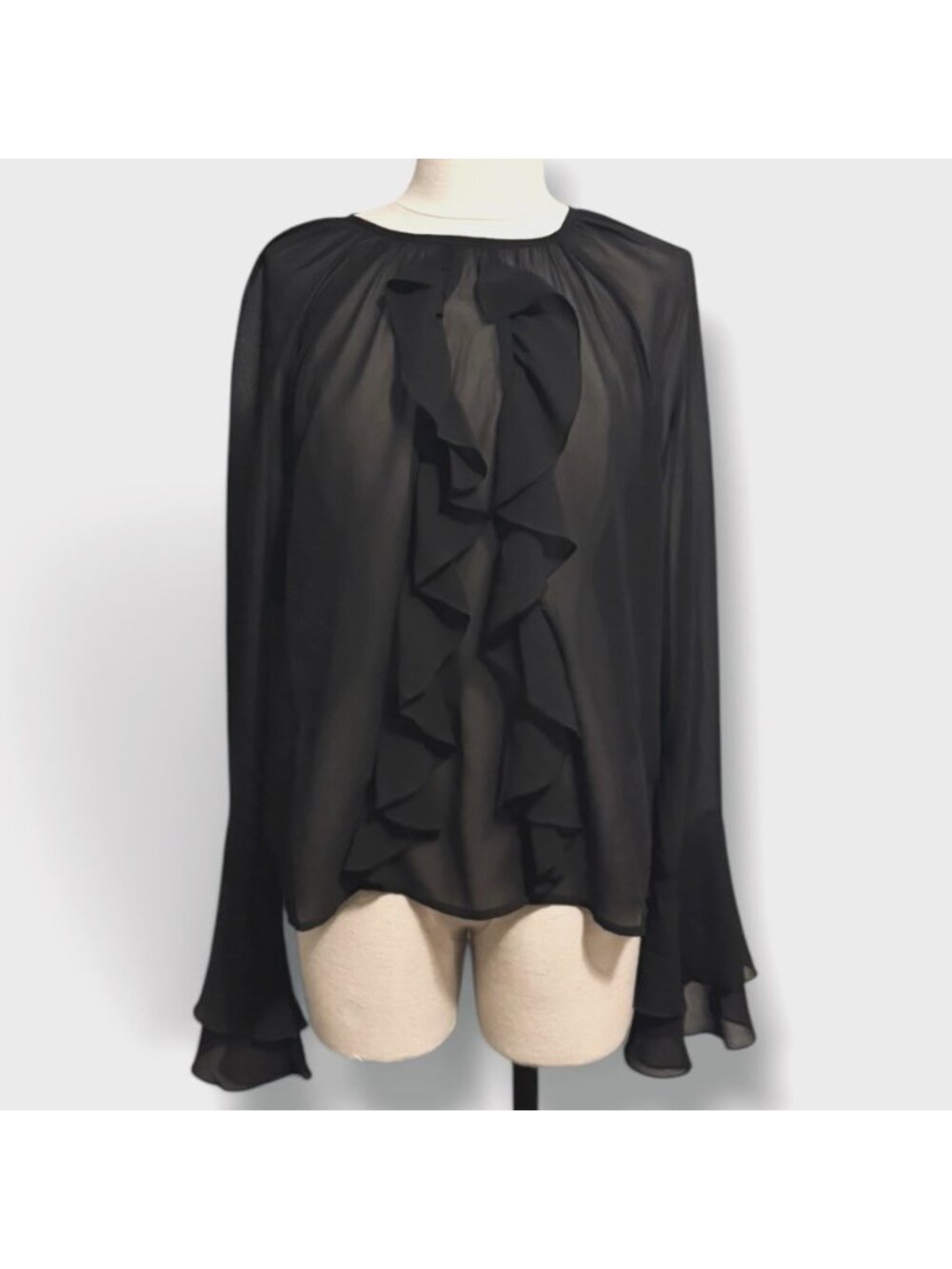 The Drop Mischa Black Cascading Ruffle Sheer Peasant Blouse Medium Bell Sleeve